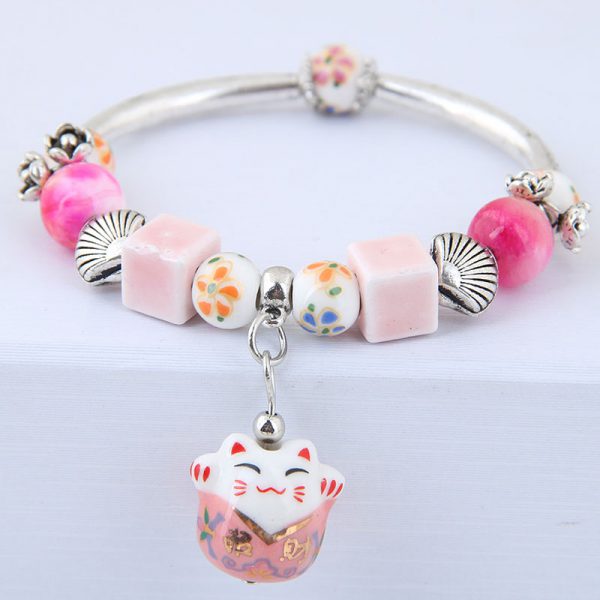 Sweet Maneki Neko Lucky Cat Charm Beads Bracelet