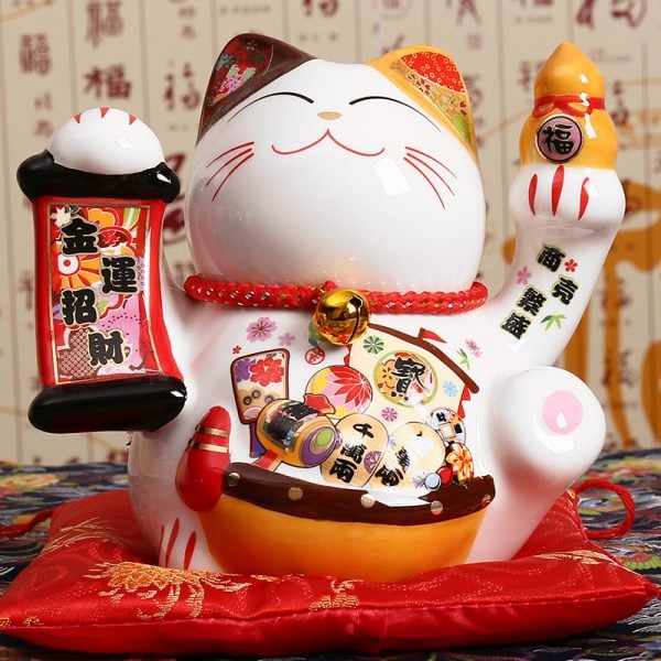 Japanese Ceramic Maneki Neko Lucky Cat Porcelain Statue