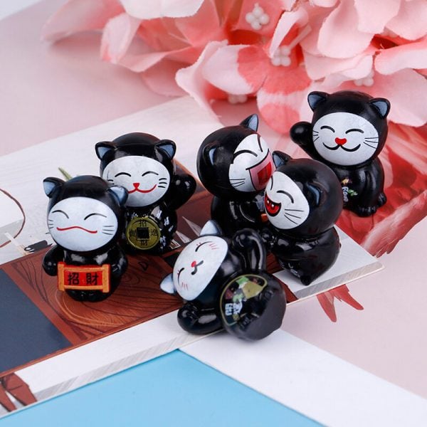 6pcs Black Maneki Neko Fortune Cat Miniatures