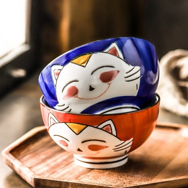 2-piece Lucky Cat Ceramic Rice Bowl