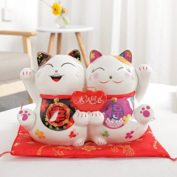 9.5 inch Ceramic Maneki Neko Lucky Cat Couple Money Box