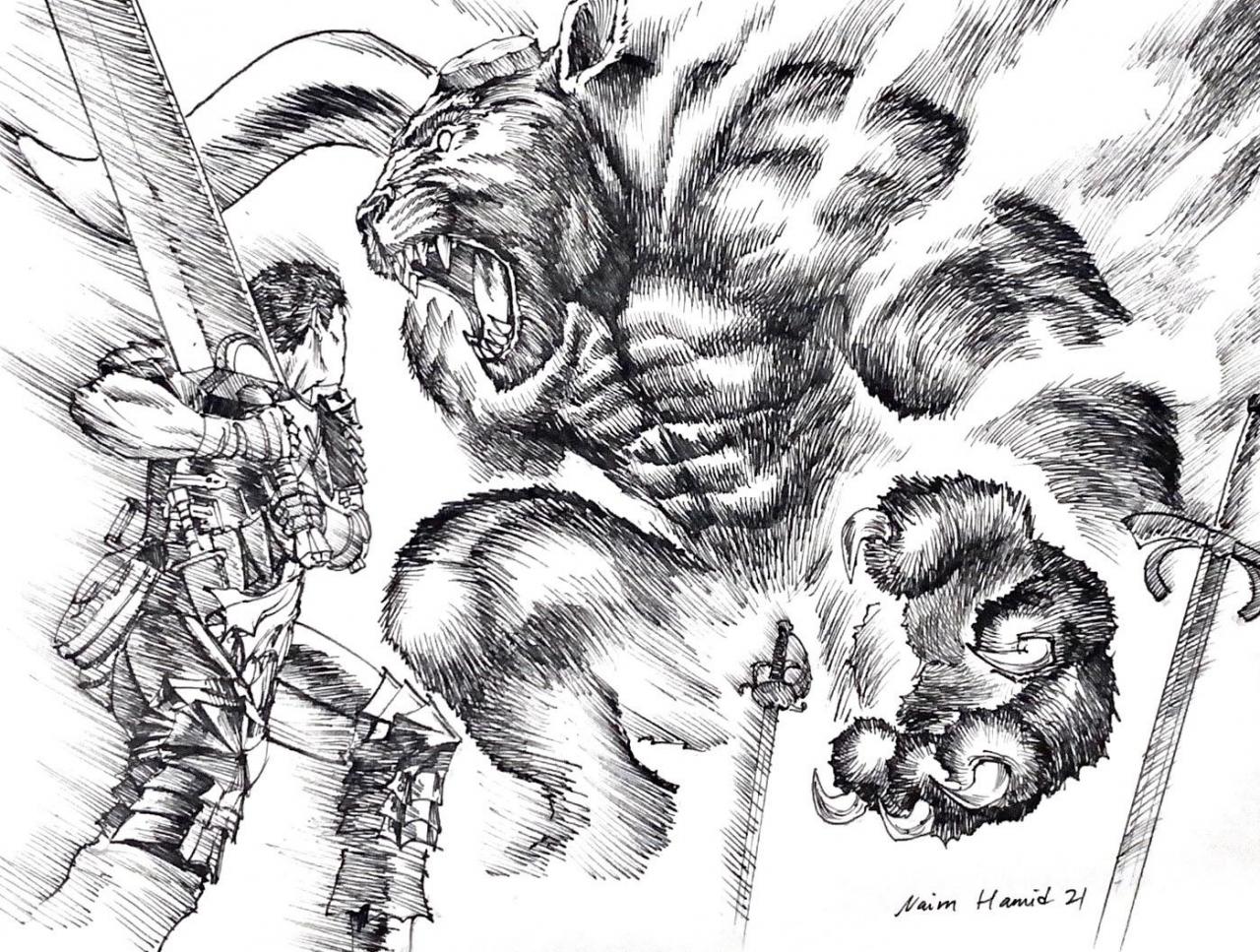 I decided to draw one of my favourite panel in berserk. Guts vs Zodd.:  Berserk